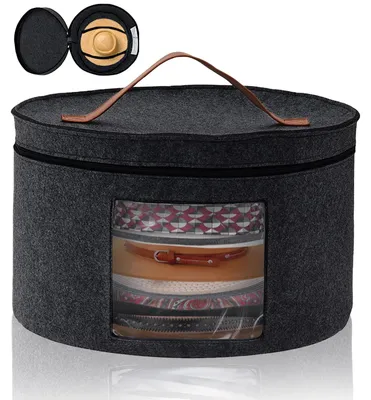 Productafbeelding van Opvouwbare opbergbox voor hoeden – met stoffen deksel met rits, lederen handgreep, kijkvenster, 42 x 25 cm