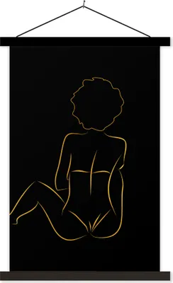 Produktbild von MuchoWow® Textilposter Frau - Schwarz - Gold - Strichzeichnung 40x60 cm mit schwarzem Rahmen - Wanddekorationen