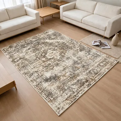 Productafbeelding van Beige vloerkleed met vintage medallion en bloemdetails, geschikt voor woonkamers. Afmetingen: 160 x 220 cm