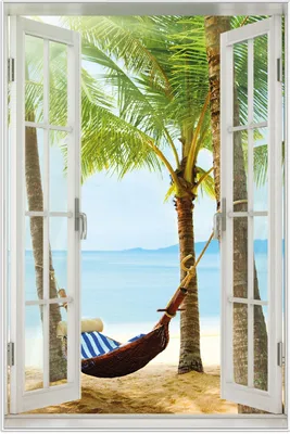 Produktbild von Wallario Wandbild mit Fenster-Illusion: Hängematte in der Karibik, Größe: 61 x 91,5 cm, Poster mit weißem Aluminiumrahmen