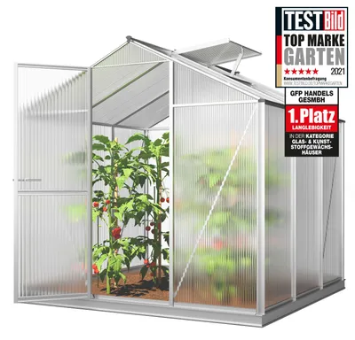 Produktbild von GFP Gewächshaus ECO-Star 3 Alu-Rahmen 192x192 cm 6 mm Doppelstegplatten, mit Fundamentrahmen automatischer Fensteröffner