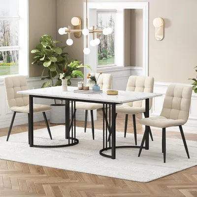 Image de Ensemble de salle à manger 5 pièces : table à manger de 140x80 cm avec 4 chaises en velours, blanc et noir