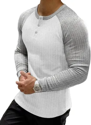 Productafbeelding van Henley-shirt voor heren met lange mouwen, slanke pasvorm, katoenmix in grijs en wit