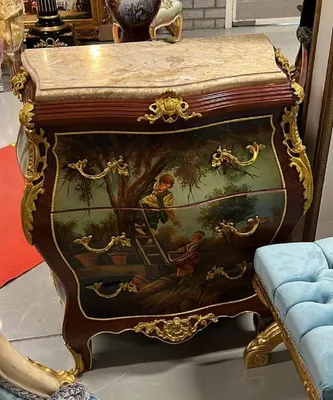 Produktbild von Casa Padrino Barock Kommode Braun / Gold / Mehrfarbbig / Cremefarben - Handgefertigte Massivholz Kommode mit 3 Schubladen und Marmorplatte - Barock Möbel