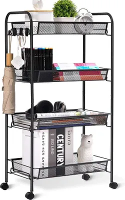 Produktbild von Unyqoos® Küchenwagen 4-lagig, schmaler Servierwagen auf Rollen, Metall schwarz, 43,8×26×82,9 cm – großer Stauraum für Küche, Bad, Büro