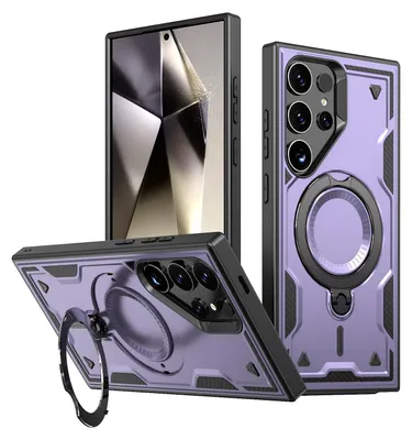 Produktbild von Dual Layer Hülle für Samsung Galaxy S25 Ultra Metall Ring Ständer Magnetisch Stoßfest Militär Handyhülle Lila