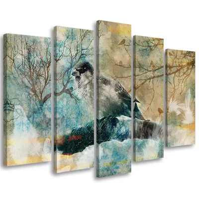 Produktbild von 5-teiliges leinwandbild vogel auf einem alten zweig 150x100 cm Feeby blau wandbild bereit zum aufhängen
