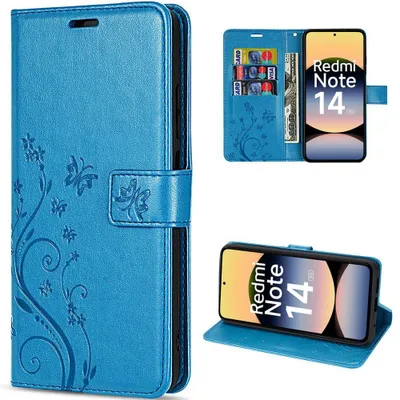 Image de Coque pour Xiaomi Redmi Note 14 5G, Protection Antichoc Anti-Rayures CuirPolyuréthaneMotif Fleur Papillon - Bleu