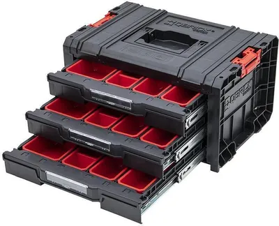 Produktbild von QBRICK® Werkzeugkasten PRO Toolbox mit 3 Schubladen | HxB 24,5x32cm | Mit Deck- & Teleskopgriffe | Mit Klemmverschlüsse | Schwarz | Transportbox, Systemkoffer
