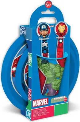 Produktbild von Tataway Marvel 5-teiliges Tafelservice aus rotem und blauem Kunststoff, Avengers: Hulk, Iron Man, Captain America, Thor, Teller, Glas, Besteck