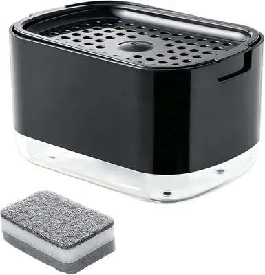 Produktbild von Spülmitteldispenser mit Schwammhalter, 2-in-1, für Küche, Edelstahl und Polycarbonat, schwarz