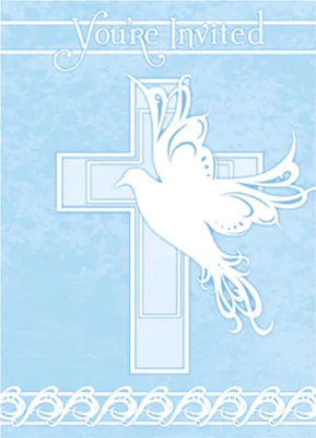 Produktbild von Blaue Einladungskarten Kreuz & Taube für Hochzeit, Taufe & Kommunion, beschreibbar, inkl. Umschläge
