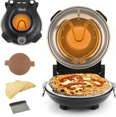 Produktbild von Elektrischer Pizzaofen - Tischgerät - Keramik-Pizzastein - Bis 420 °C - Klapptür - Drehknopf-Bedienung - EU-Stecker - 34 x 33 x 16,5 cm - Schwarz