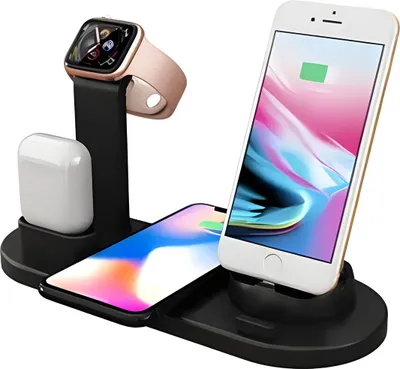 Produktbild von Ladestation, kabellos 3-in-1, einfach zu bedienen, für Phone, Watch und Pods, Schwarz