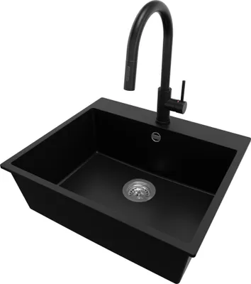 Produktbild von PRIMAGRAN Granitspüle Schwarz 58x50cm, Spülbecken 1 Becken + Küchenarmatur 40x20cm + Ablauf-Set, Küchenspüle ab 60er Unterschrank - Riga