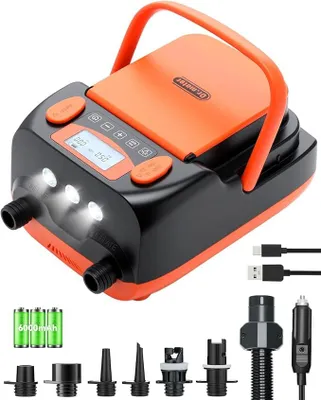 Produktbild von 6000mAh Wiederaufladbare Elektrische SUP Pumpe, SUP Pumpe Elektrisch Akku mit Auto-Off, Kann 4 SUPs Aufladen, 2 USB Anschlüssen und 3 LED Lichtern für SUP-Boards, Boote, Zelte, Kajak