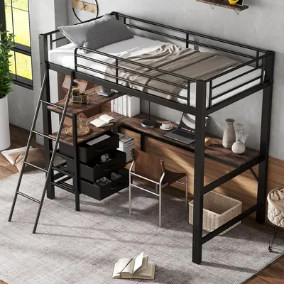 Zdjęcie produktu dla Łóżko piętrowe 90x200 cm z biurkiem o długości 2 m, 3 szufladami i 4-stopniową skośną drabinką, łóżko dziecięce z barierką ochronną, EN747, metalowa rama, płyta wiórowa, czarny/orzech