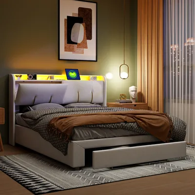 Produktbild von CDGlobal Polsterbett 160x200cm mit Schublade, Stauraumbett Jugendbett mit Led, Hydraulisches Boxspringbett mit Kopfteil, Doppelbett Samt, Beige