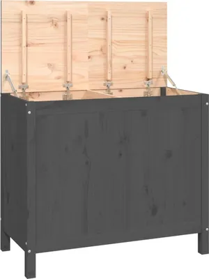 A dark gray wooden chest with its lid open, revealing the natural wood interior.