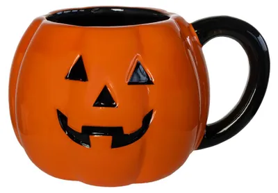 Produktbild von Grinsende Halloween Kürbis Tasse mit schwarzem Henkel 500 ml