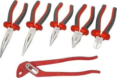 Produktbild von 6-teiliges Tangenset aus hochwertigem Chrom-Vanadium-Stahl mit Rohrzange, Kombizange, Seitenschneider und Telefonzangen