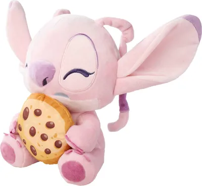 A pink plush toy of the character Angel from Disney's Lilo & Stitch, holding a cookie.