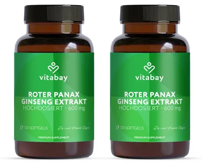 Produktbild von Vitabay Roter Panax Ginseng 600 mg – 240 vegane Kapseln – 2er Pack – Standardisiert auf 20 % Ginsenoside – Panax Ginseng Extrakt – Vegan & ohne Zusatzstoffe – Labor – Vorrat für 4 Monate
