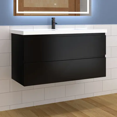 Produktbild von Waschtisch mit Unterschrank 100cm Alast Badmöbel Set Hochglanz Schwarz Keramik Waschbecken mit Unterschrank MDF Softclose