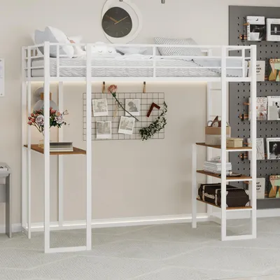 Produktbild von Kinderbett 90x190 Jugendbett Etagenbett mit beidseitiger Leiter und L-förmigem Schreibtisch,Bettgestell mit Schutzgeländer,ohne Matratze,Weiß