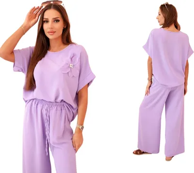 Produktbild von Hellviolettes Damen-Viskose-Set mit Blumenapplikation und lockerer Hose