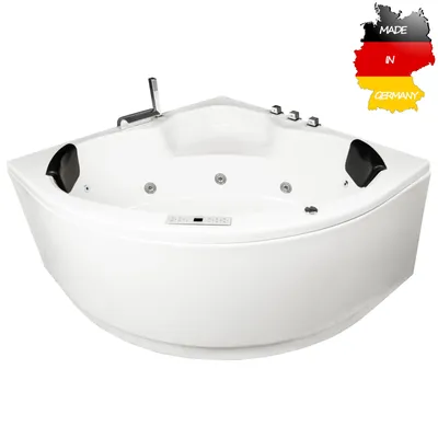 Produktbild von Basera CLASSIC Indoor Eck-Whirlpool Badewanne Maui 130 x 130 cm mit 21 Massagedüsen, Wasserfall, LED-Ambiente, Touchpanel, Bluetooth und Radio