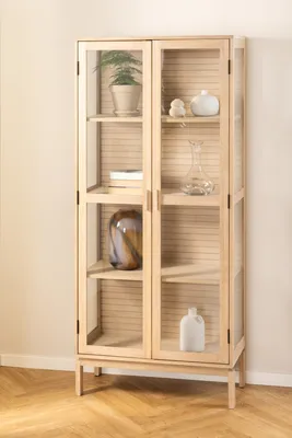 Produktbild von Glasvitrine >Linley< mit 2 Türen, in Eiche weiss, MDF - 80x180x40cm (BxHxT)