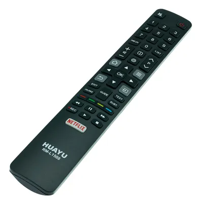 A black remote control is shown against a white background.