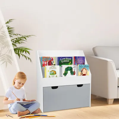 Produktbild von Spielzeugregal,Bücherregal für Kinder, Kinderzimmerregal mit 2 Fächern und herausziehbarer Spielzeugkiste mit Rollen,Spielzeug-Organizer,Kinderzimmer
