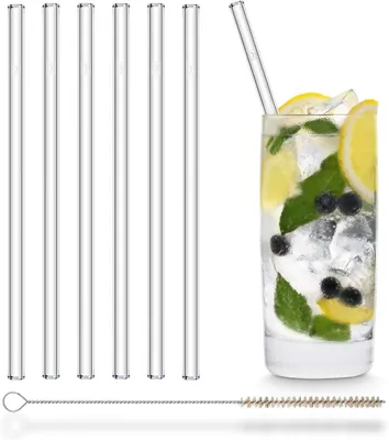 Productafbeelding van Glazen drinkrietjes herbruikbaar - 6 stuks recht 20 cm + plasticvrije schoonmaakborstel - Vaatwasmachinebestendig - Duurzaam