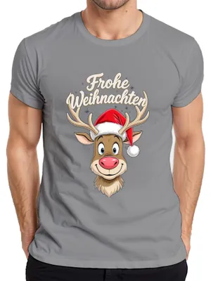 Produktbild von Frohe Weihnachten Rentier Niedlich Cartoon Weihnachtsmütze Lustig Herren T-Shirt, Grau, XXL