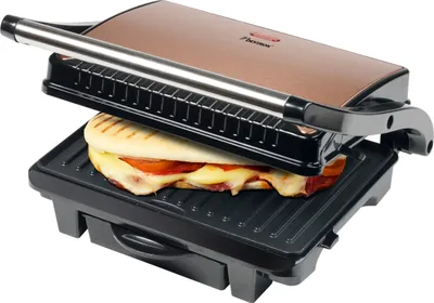 Produktbild von Bestron elektrischer Kontaktgrill mit Auffangschale, Sandwichmaker mit Cool-Touch-Handgriff & Antihaftbeschichtung, Paninimaker mit 1000 Watt, ASW113CO, Farbe: Kupfer