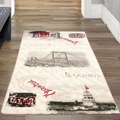 Image de Tapis moderne Istanbul Motif gris crème avec accents rouges Dimensions : 80 x 150 cm