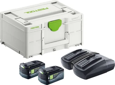 A white Festool storage box with two black battery packs and a black dual charger.
