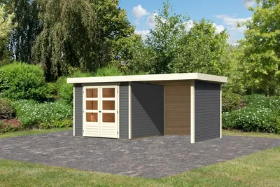 Produktbild von Karibu Gartenhaus Gerätehaus Askola 3,5 im Set mit Anbaudach 2,40 m Breite und 19 mm Seiten- Rückwand terragrau 462x246x211 cm