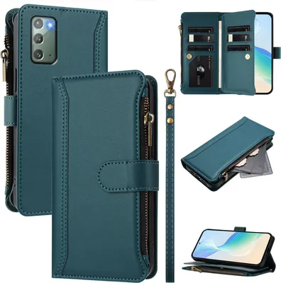 Obrázek produktu pro Pouzdro pro Samsung Galaxy Note 20, zipem, peněženkovéPolyuretankožené flip pouzdro s kapsami na karty, stojánkem a poutkem na ruku zelený