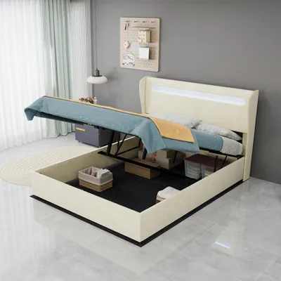 Imagen del producto de Cama tapizada de 140x200 cm en color beige, con revestimiento de terciopelo, cajón integrado con sistema de amortiguación a gas y iluminación LED en la cabecera, ideal para el dormitorio