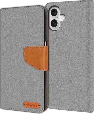 Produktbild von Conie Jeans Style Klapp Tasche für iPhone 16 Kartenfach Hülle Rundumschutz in Grau