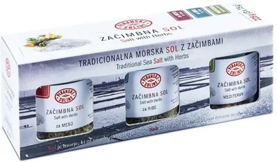 Obrázek produktu pro Piranske Soline sada 3 ks Tradiční mořská sůl s bylinkami - středomořská (75 g), na ryby (75 g), na maso (75 g)