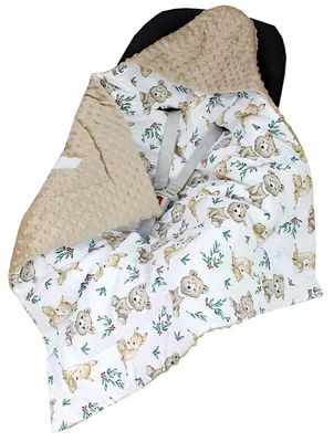 Produktbild von TupTam Baby Winter Einschlagdecke Babydecke 75x75cm für Autositz Babyschale Wattiert Minky Baumwolle Universal, Farbe: Rehlein / Bären / Beige / Hellbraun, Größe: Einheitsgröße