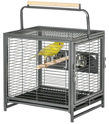 Produktbild von Tragbarer Vogelk?fig mit 2 Holzsitzstangen, 2 Futtern?pfen und herausnehmbarer Schale, 48 x 38 x 47,8 cm, Schwarz