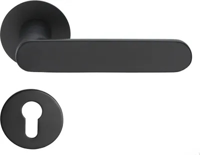 A black door handle set with a keyhole escutcheon on a white background.
