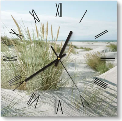 Produktbild von DEQORI Glasuhr 30x30 cm Römisch 'Dünen an Nordseeküste' Wanduhr Glas Uhr Design leise