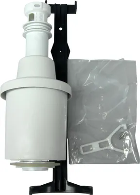 A toilet flush valve assembly with a black mounting bracket and a plastic bag containing accessories.