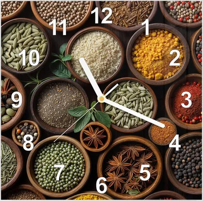 Produktbild von Wanduhr aus Glas mit Motiv Vielfalt Gewuerze- 30 x 30 cm - inkl. Aufhängesystem